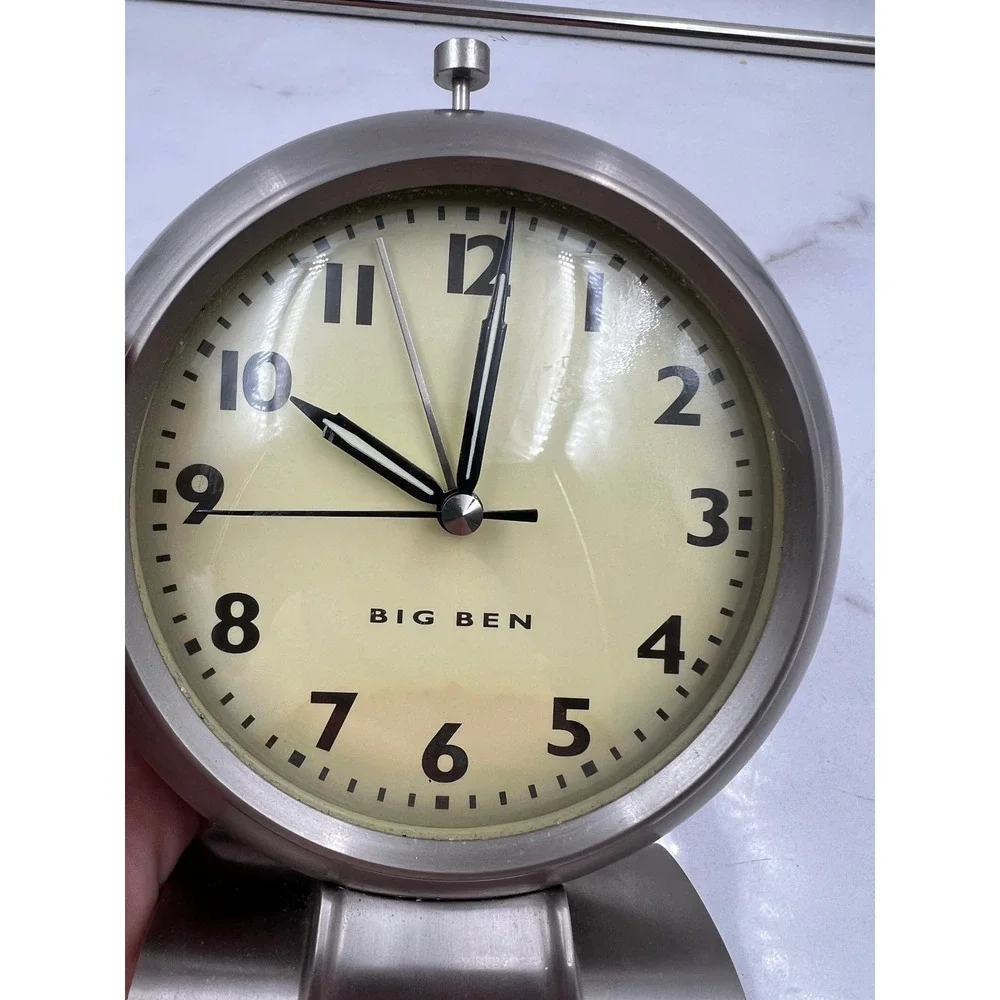 Big Ben Alarm Clock Brushed Silver Metal Round Battery Operated Cream Dial